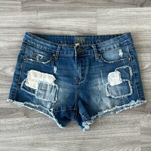 True Craft Women's Distressed Blue Jean Shorts 3” Inseam Patchwork 5 Pocket